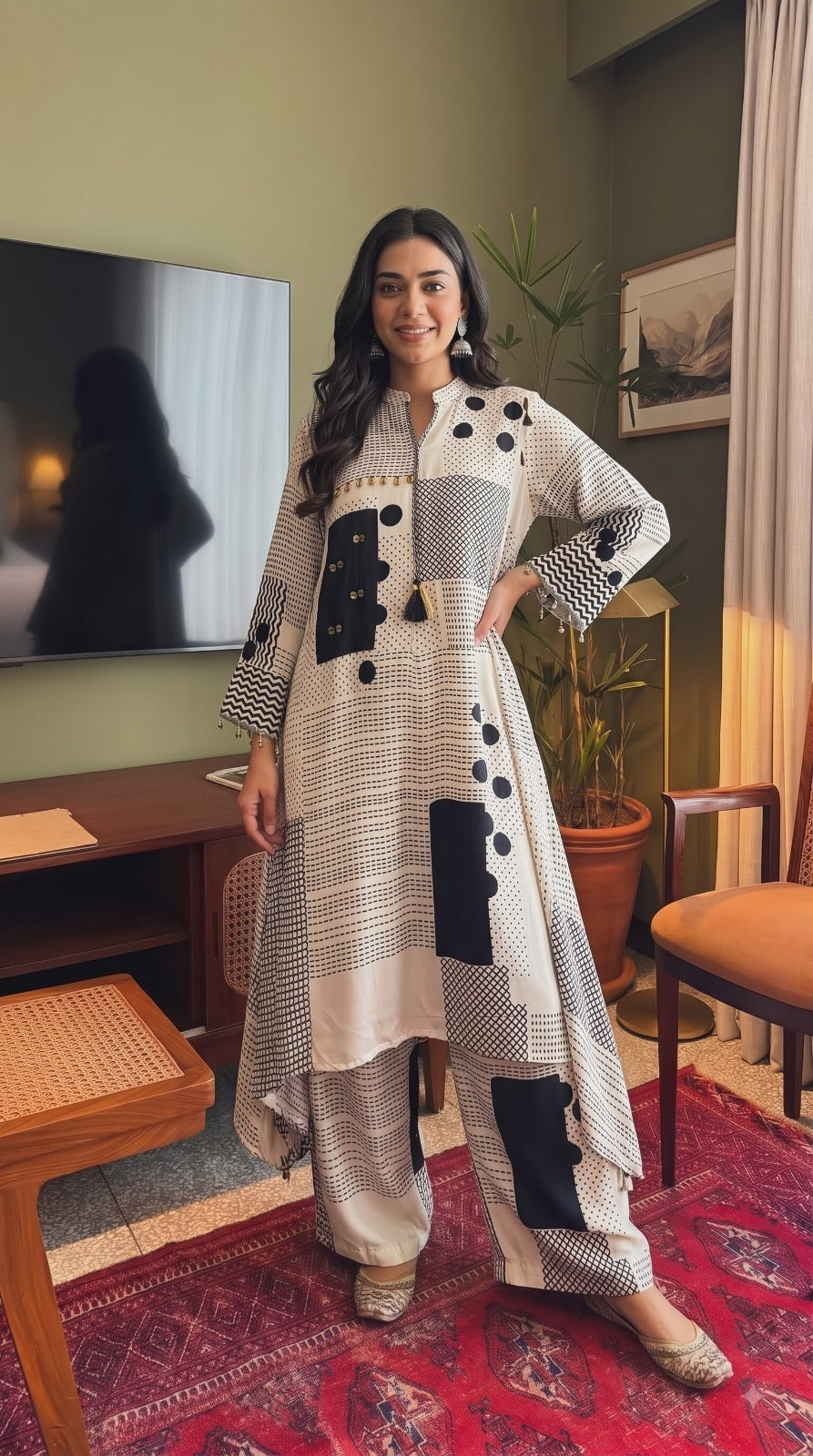 Pure crepe designer black n ivory co ord