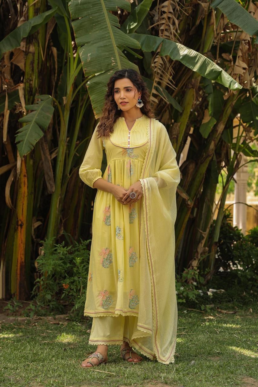 Premium embroidered cotton suit set paired with Kota Doria dupatta in yellow
