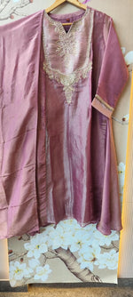 Premium tissue suit set with giraffe fabric and hand work on yoke in purple