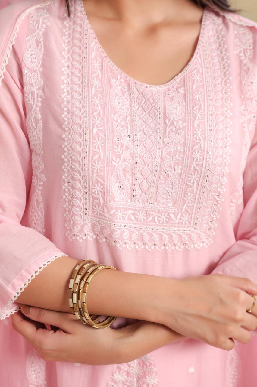 Super soft Mul cotton chikankari suit set with lining in pink