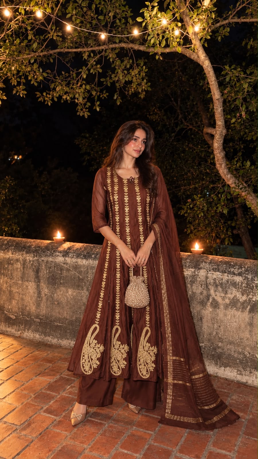 Pure Banarasi zari detailing Anarkali suit with zari border in brown
