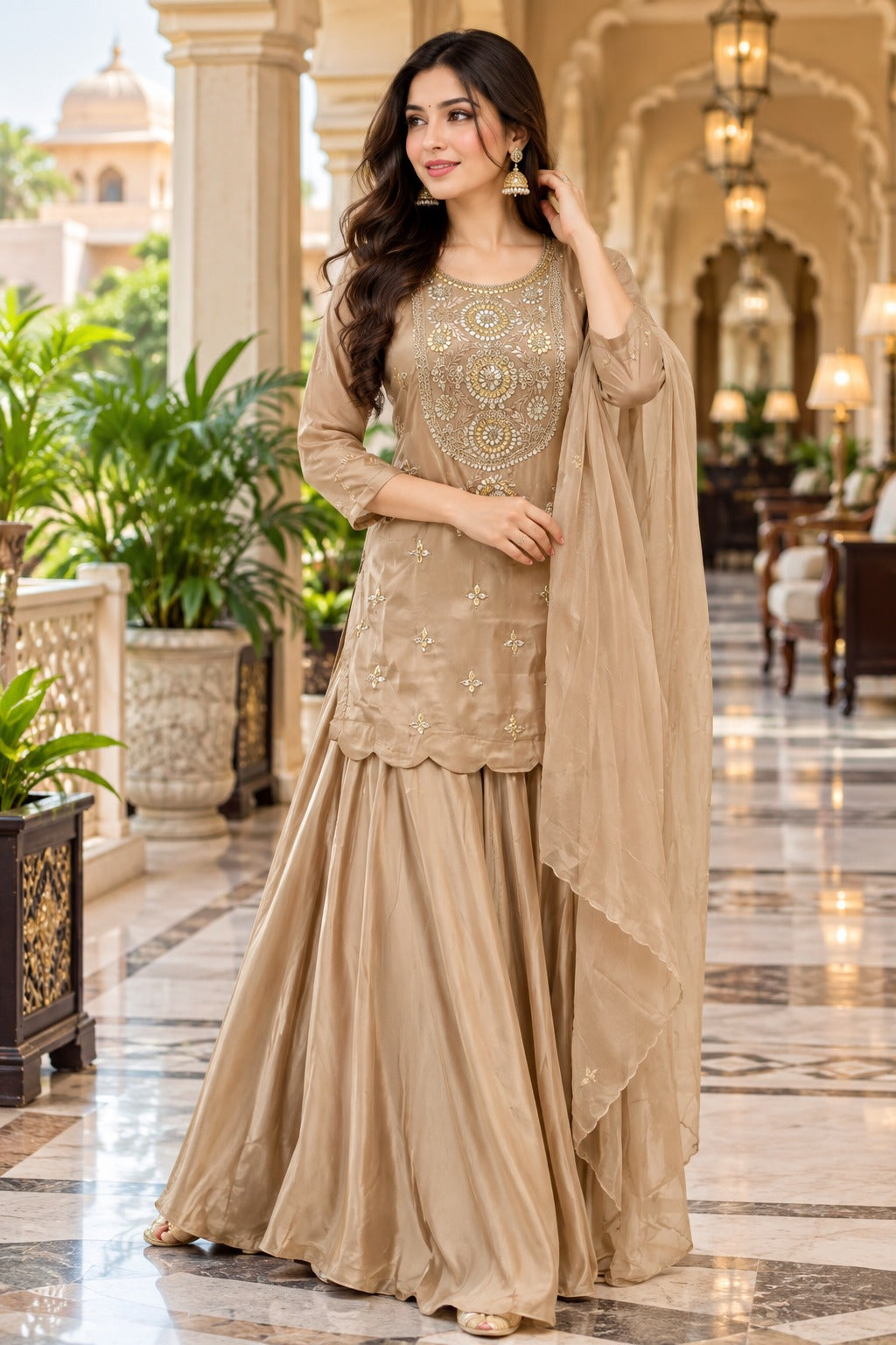 Premium crepe silk gotta detailing skirt set in brown