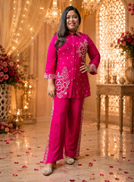 Premium chinon with lining pretty handwork co ord in Rani pink