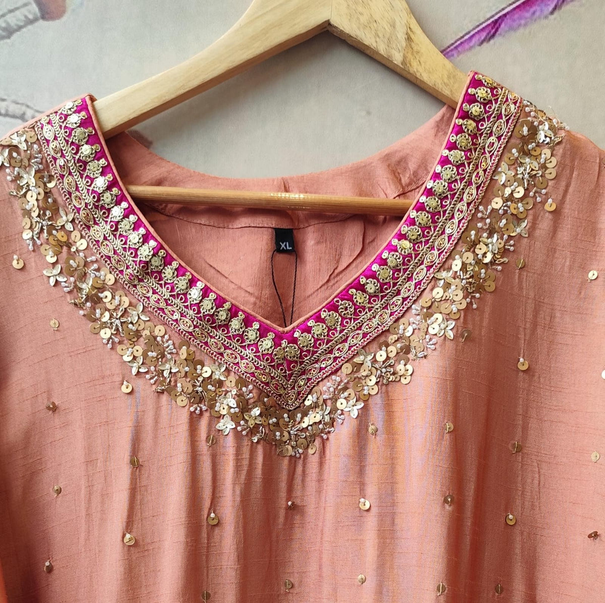 Russian silk full sequins peach suit with rani pink highlight
