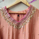 Russian silk full sequins peach suit with rani pink highlight