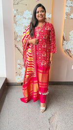 Pretty Russian silk real mirror Patola suit set in rani pink