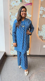 Pretty crepe silk with pocket designer sleeves co ord in blue