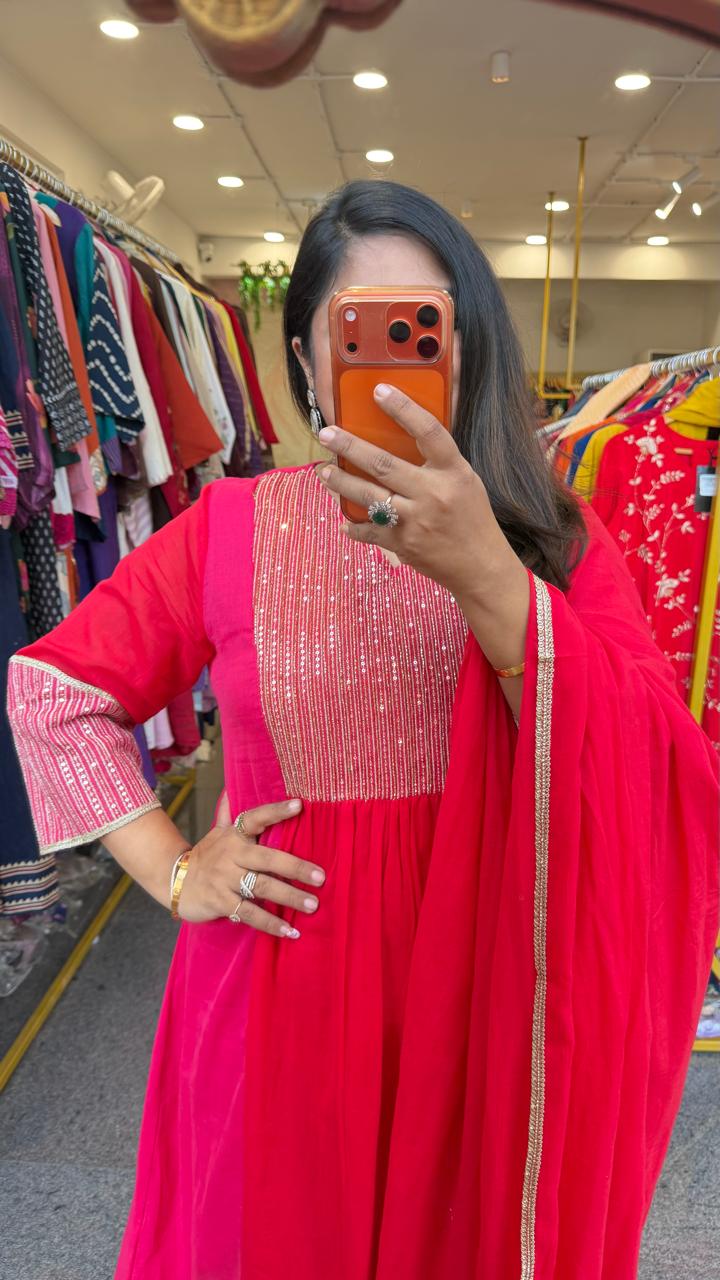 Premium Mul cotton zari detailing suit set in red n pink
