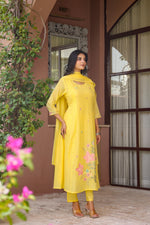 Pure Mul cotton embroidered full suit set in yellow