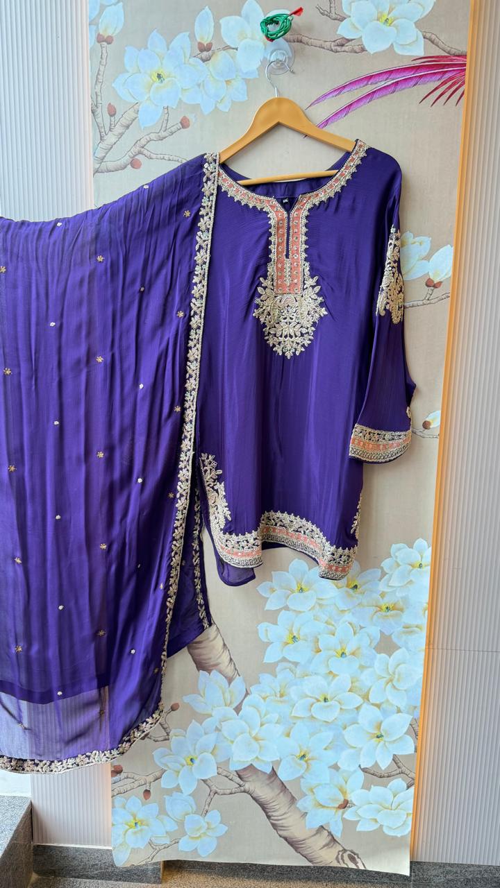 Pure chinon plazzo set with heavy handwork in purple colour
