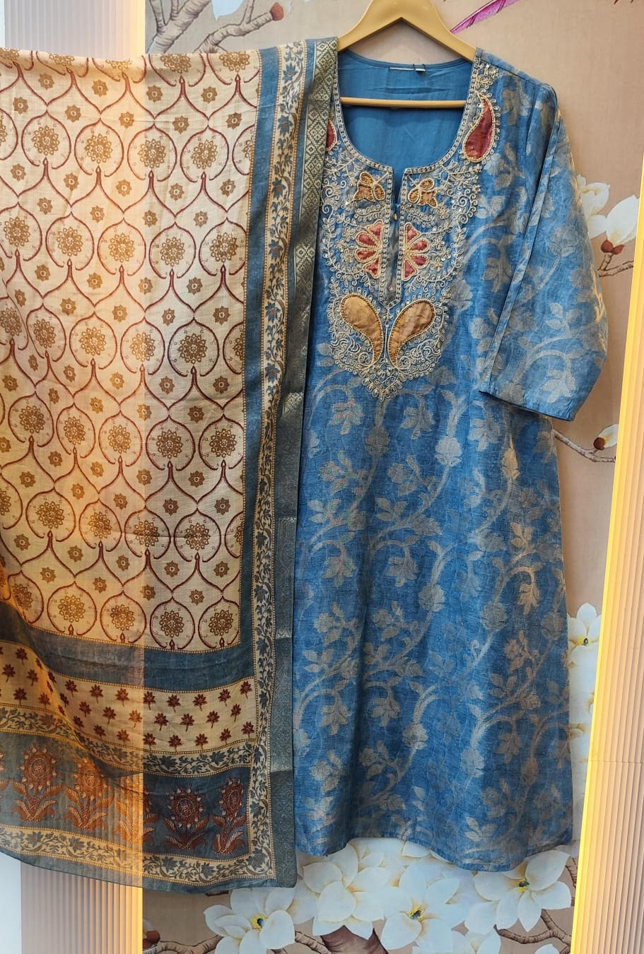 Premium Banarasi suit set in blue with zari detailing