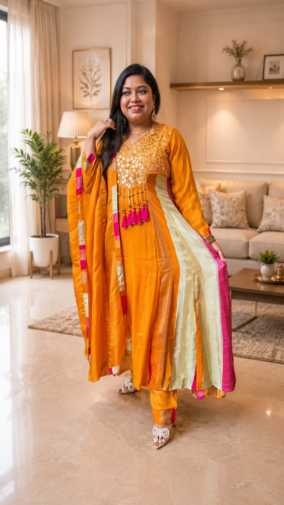 Pretty viscose organza Anarkali suit set with real mirror