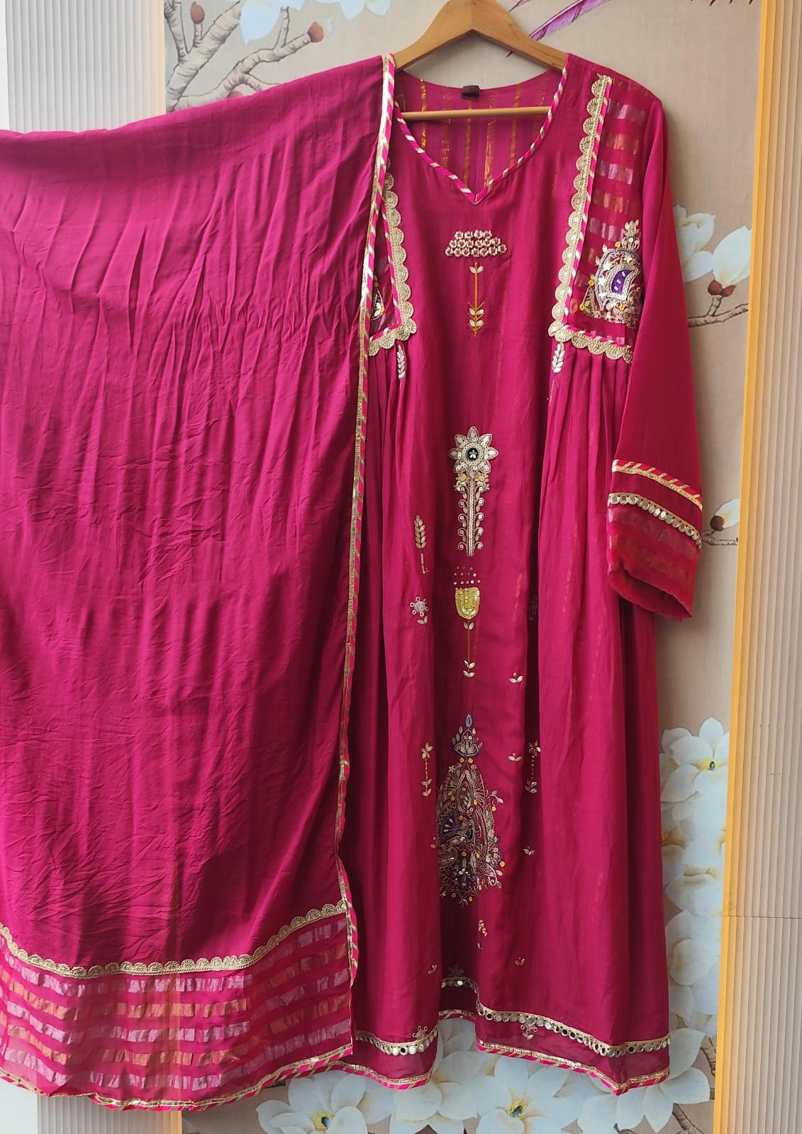 Super wow double layer Mul chanderi suit set in Rani pink