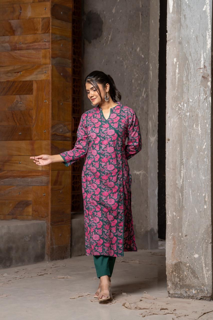 Super stylish and angrakha pattern cotton kurta pant