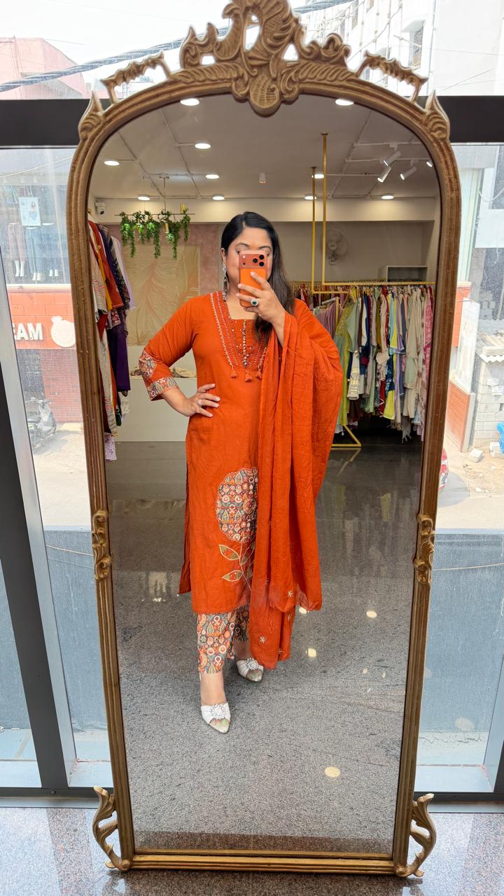 Premium cotton applique work paired with kalamkari pant