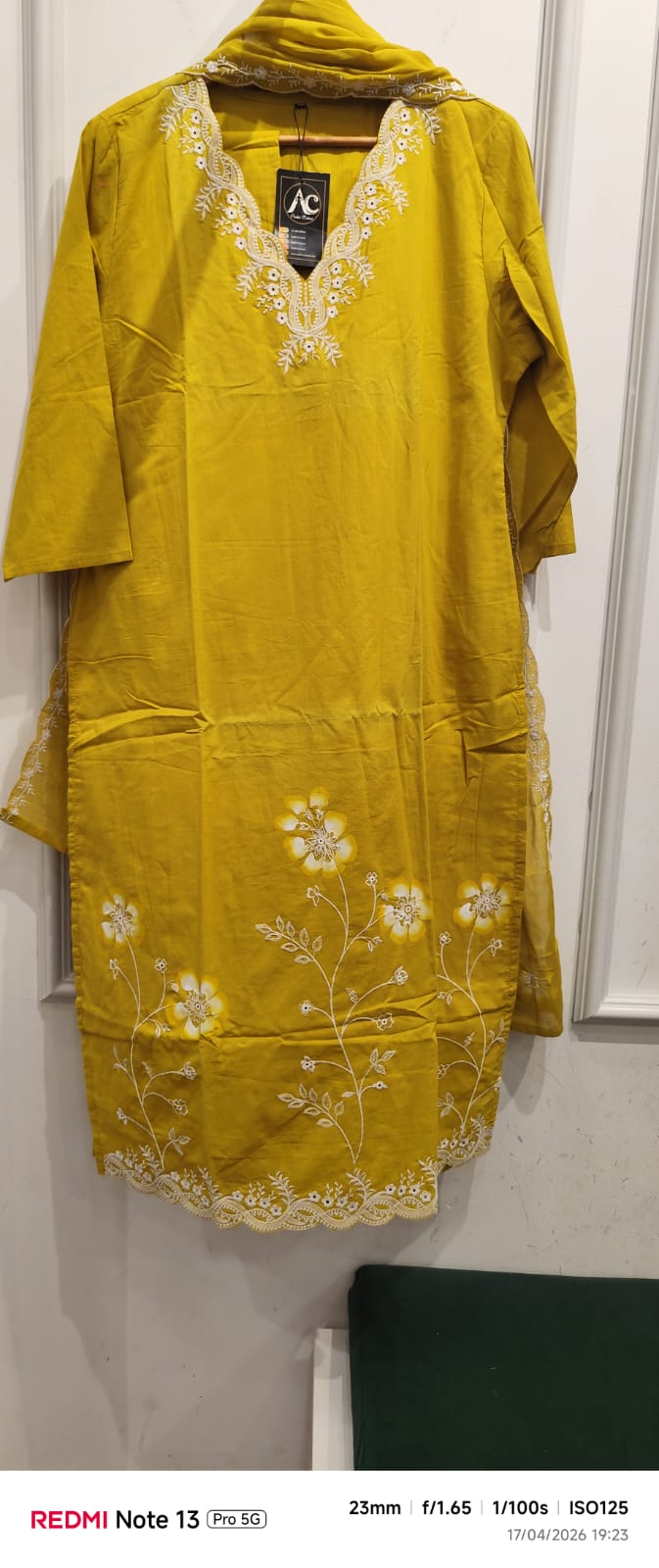 Pure cotton embroidered full suit set in yellow
