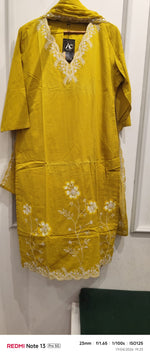 Pure cotton embroidered full suit set in yellow