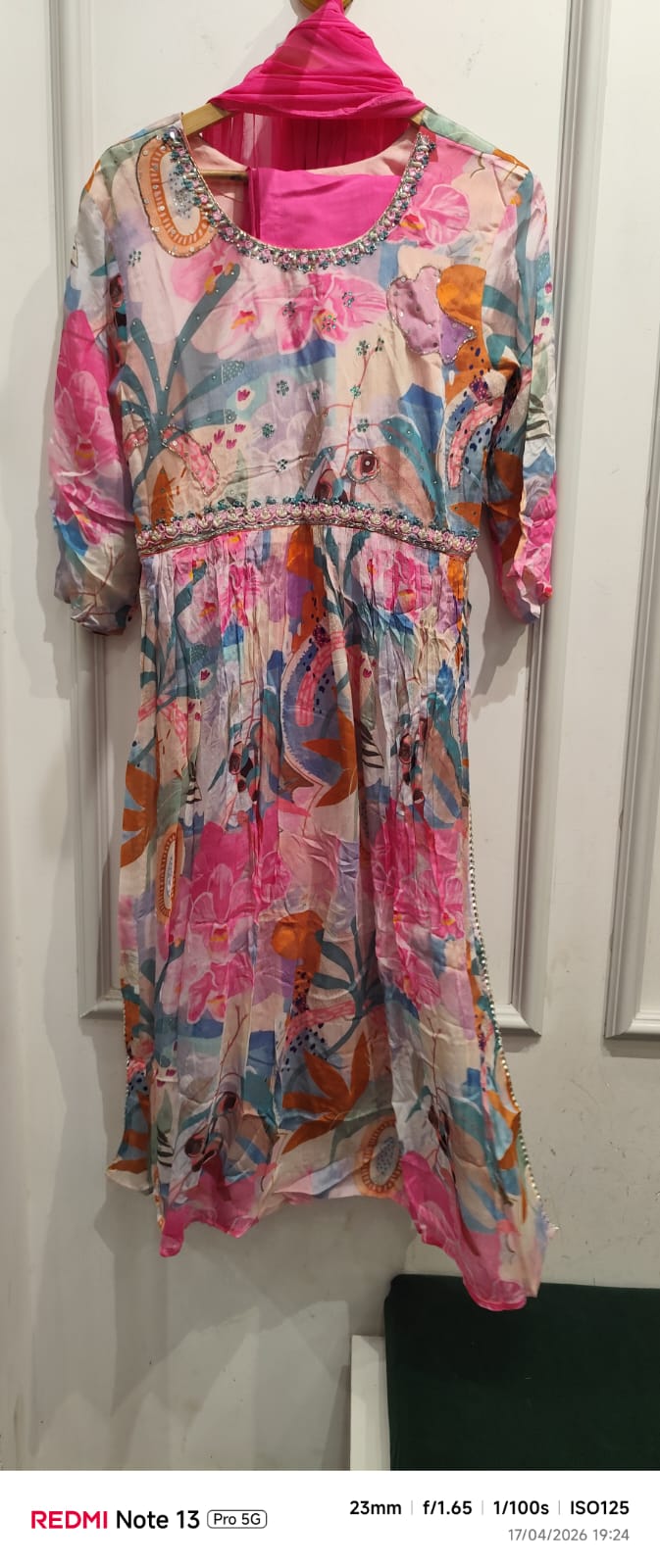 Pretty shiffon digital printed with embellished neck full suit set