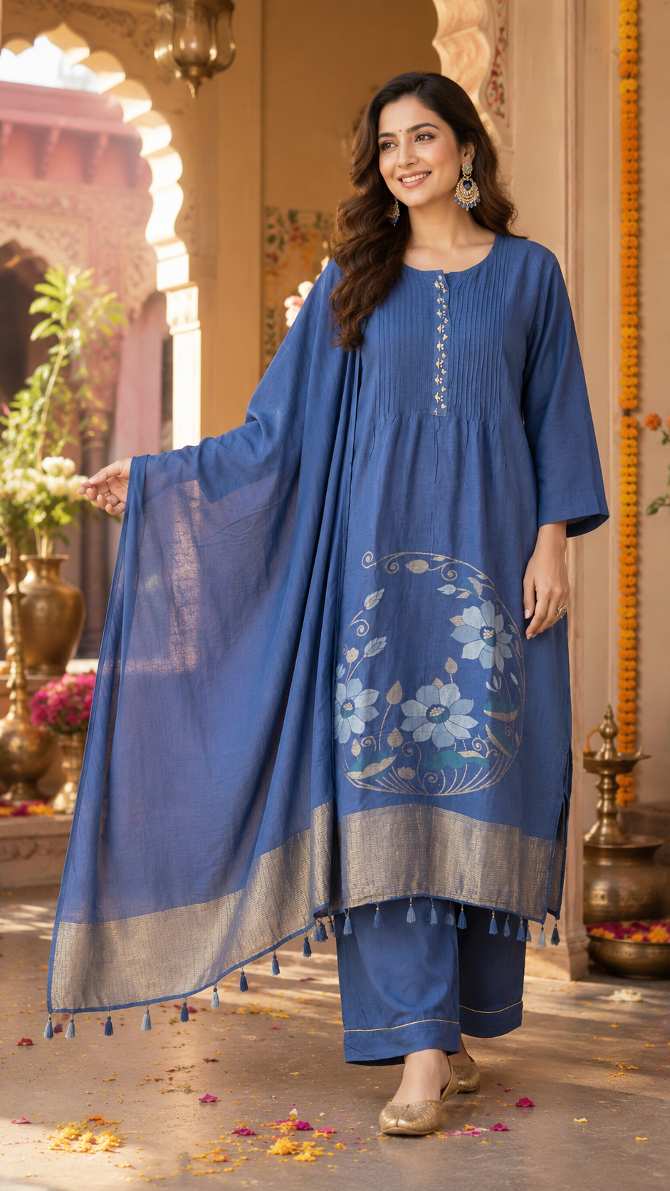 Pretty dola silk blue colour gold zari detailing suit set
