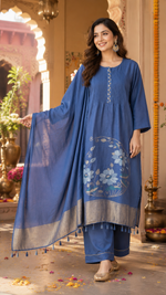 Pretty dola silk blue colour gold zari detailing suit set
