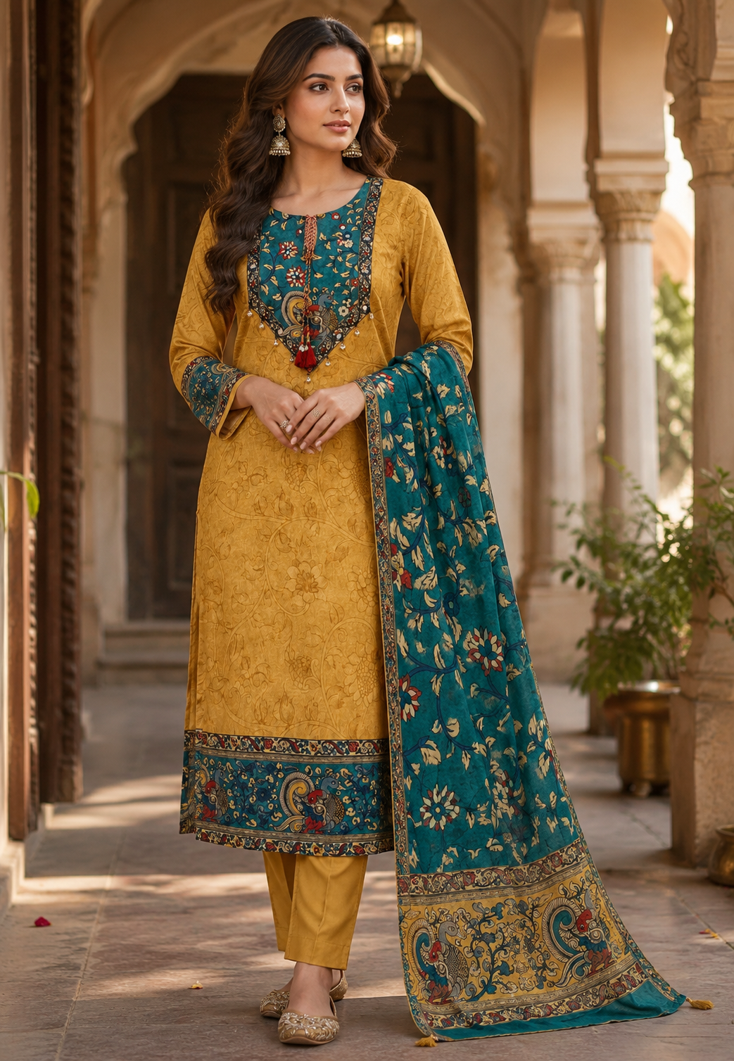 Pretty Kalamkari Mul silk suit set in yellow n green