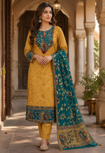 Pretty Kalamkari Mul silk suit set in yellow n green