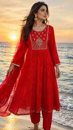 Pretty georgette handwork suit set in Redbandhani