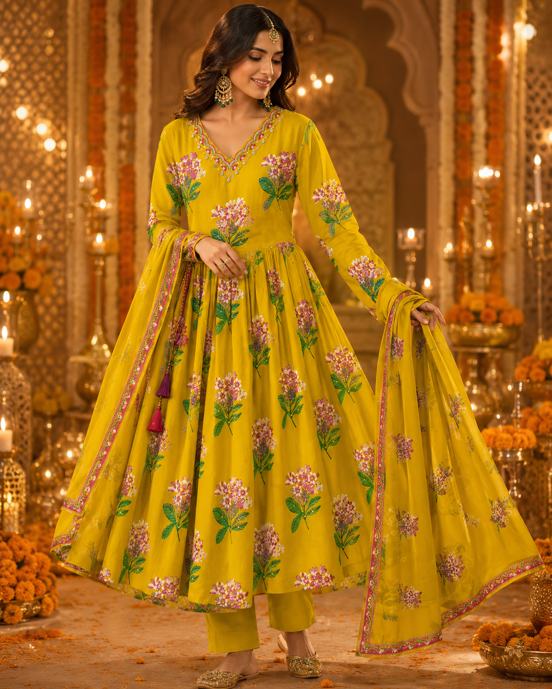 Pure cotton Anarkali full suit set in yellow