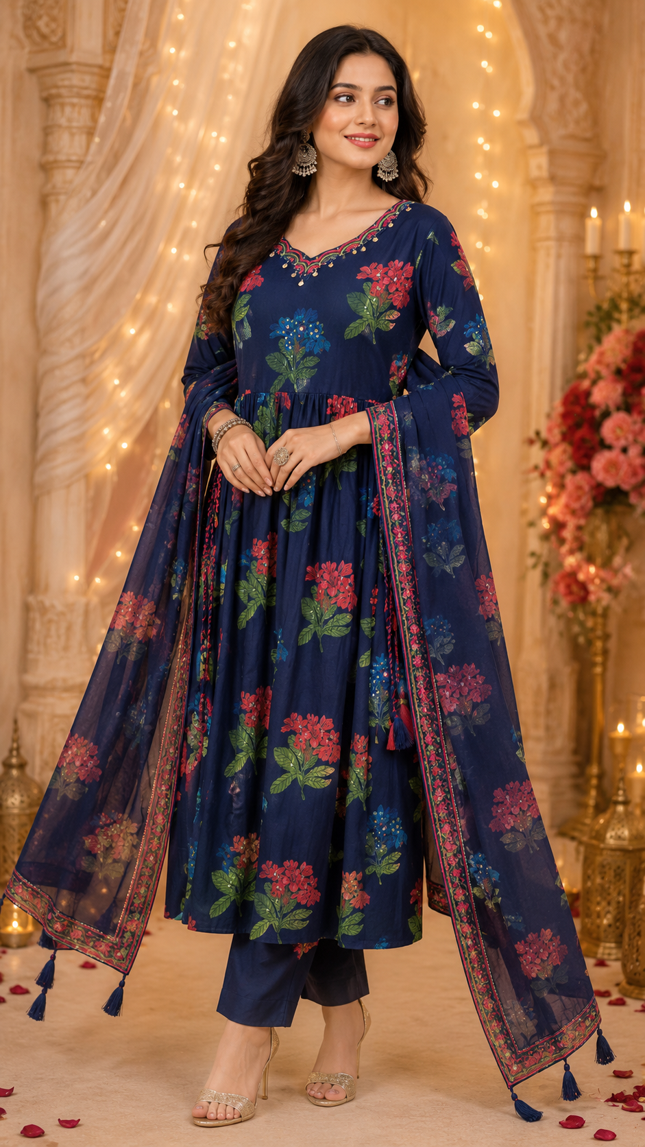 Pure cotton Anarkali full suit set in blue