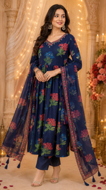 Pure cotton Anarkali full suit set in blue