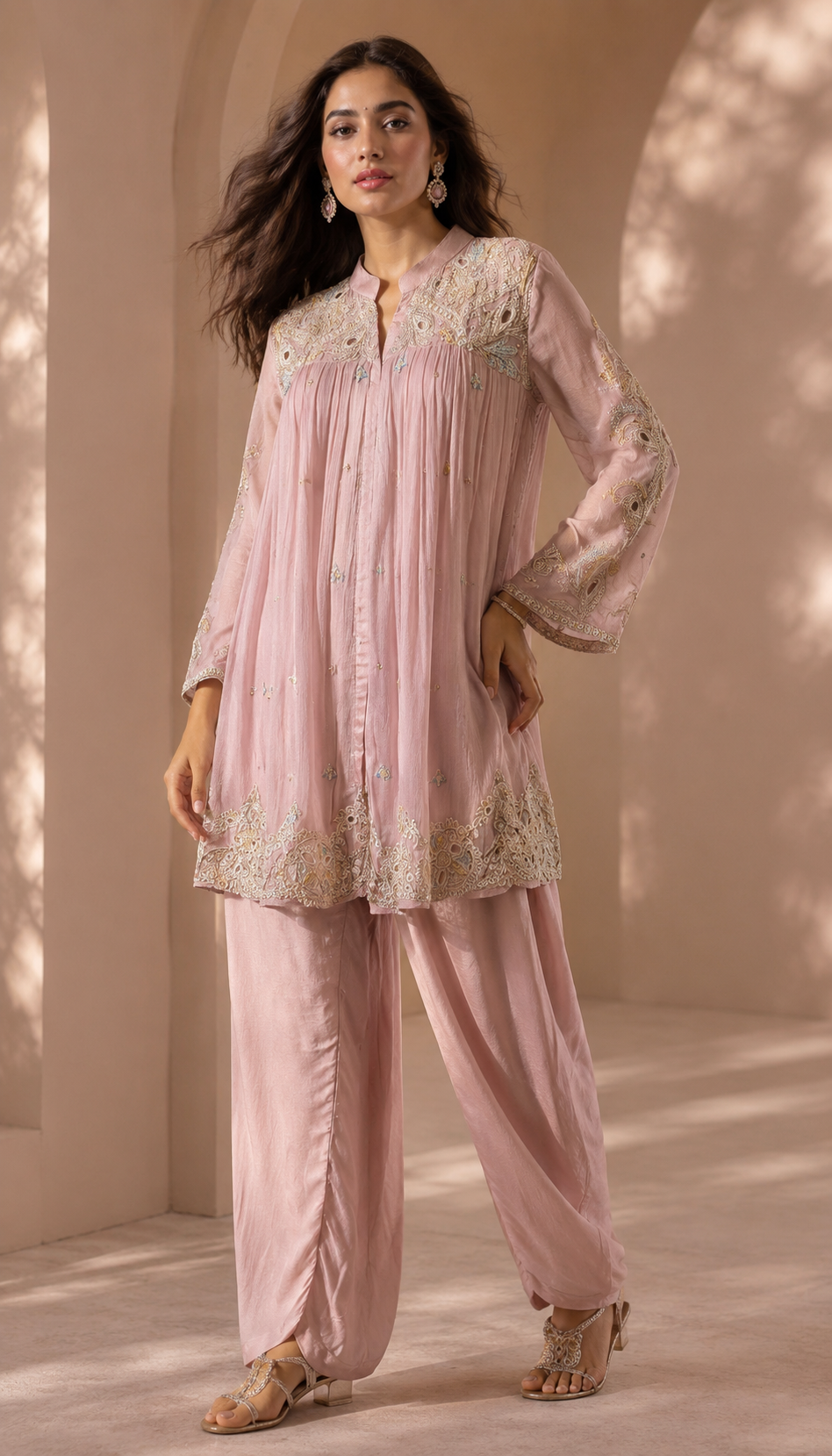 Premium chinon handwork with intricate handwork Co ord in nude pink