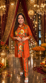 Pretty kalamkari front n back designer mul silk co ord in orange (slim fit)