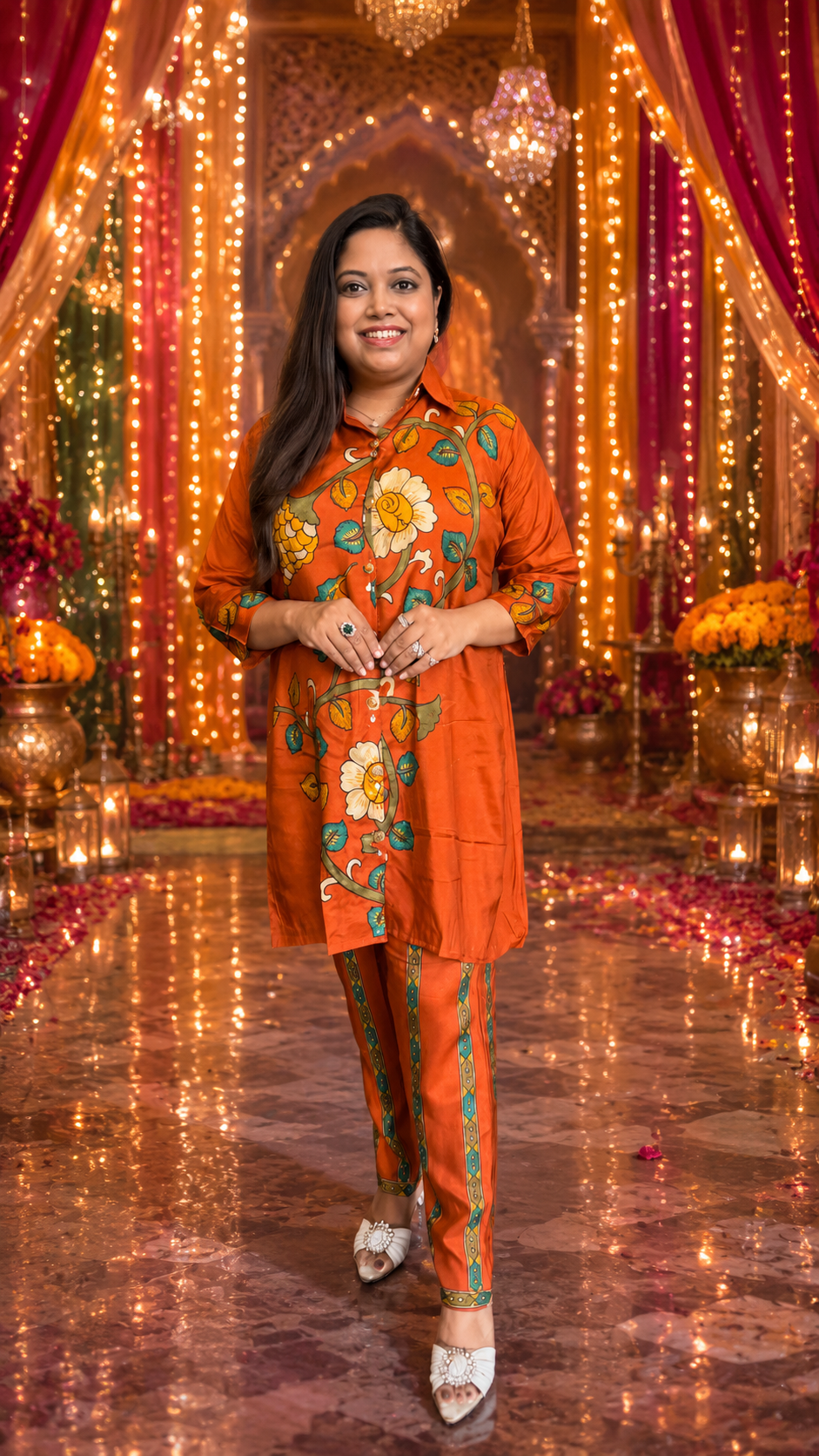 Pretty kalamkari front n back designer mul silk co ord in orange (slim fit)