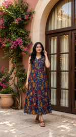 Premium cotton blue floral block print one piece