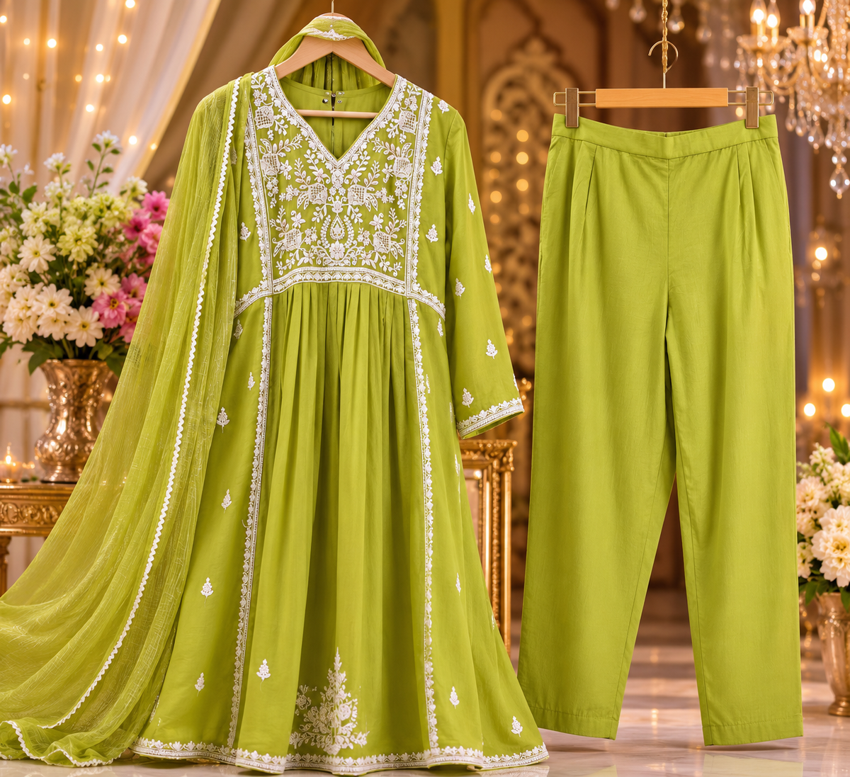 Pure Banarasi chikankari Mul chanderi suit set in green