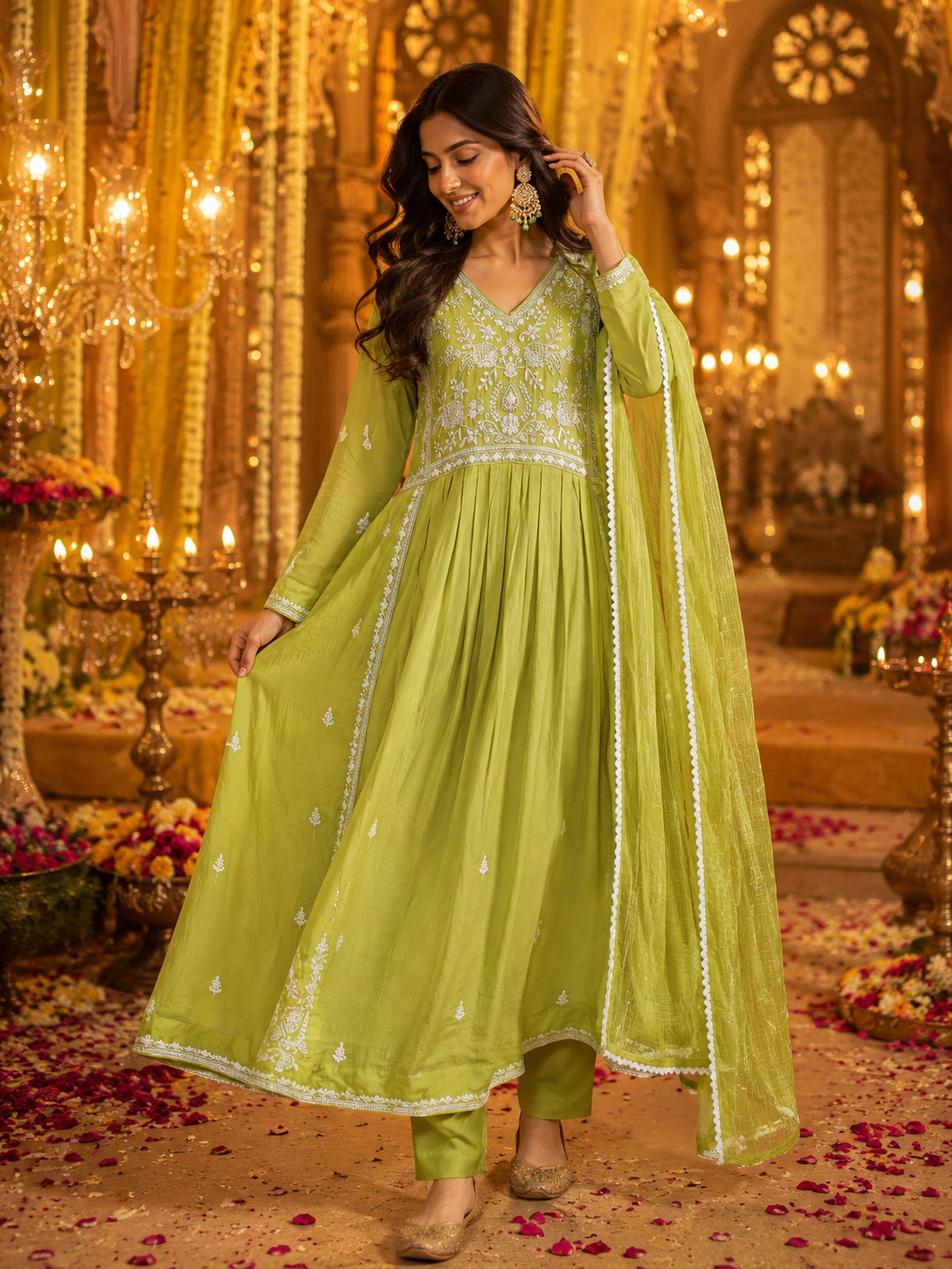 Pure Banarasi chikankari Mul chanderi suit set in green