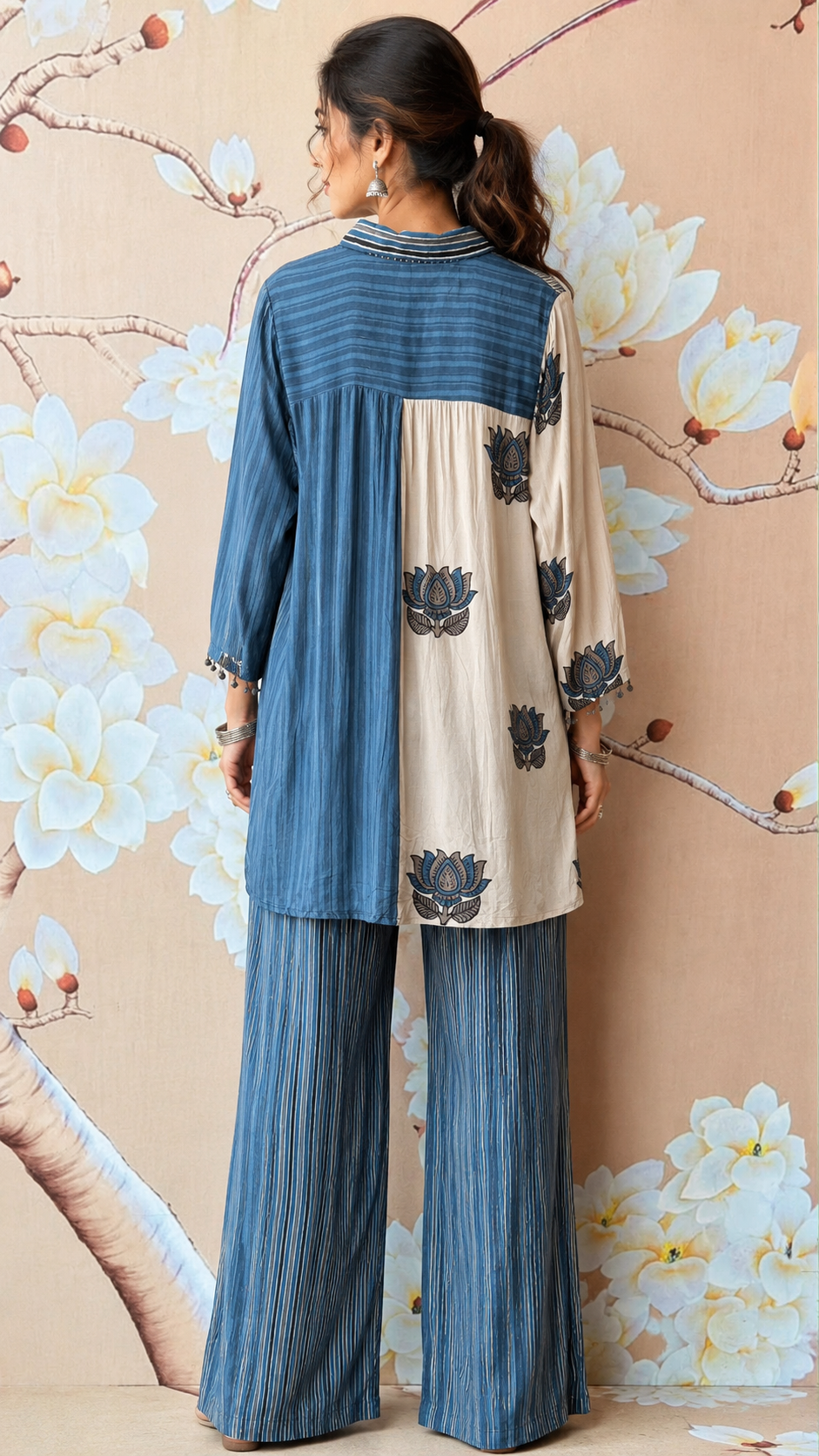 Pure crepe front and back digital print co ord in Blue