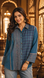 Pure Mul silk blue bell sleeve top in blue