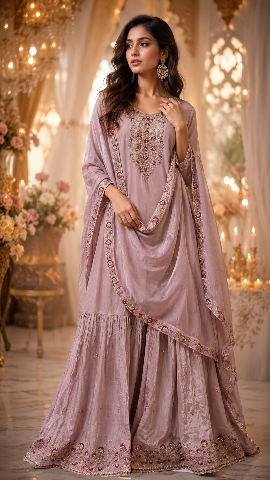 Pure chinon heavy handwork sharara full suit set in onion pink