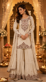 Pure chinon heavy handwork sharara full suit set in cream