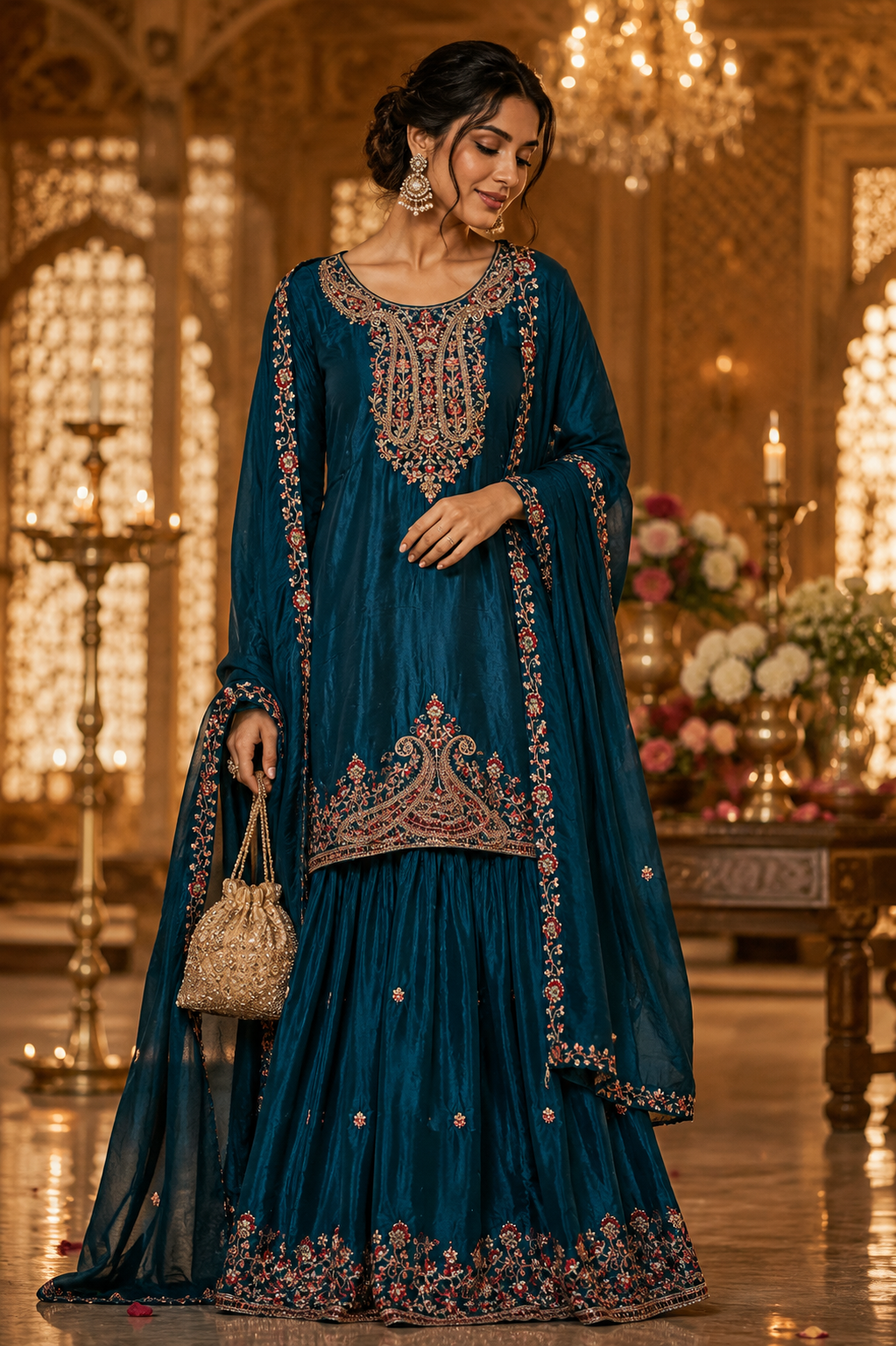 Pure chinon heavy handwork sharara full suit set in teal blue
