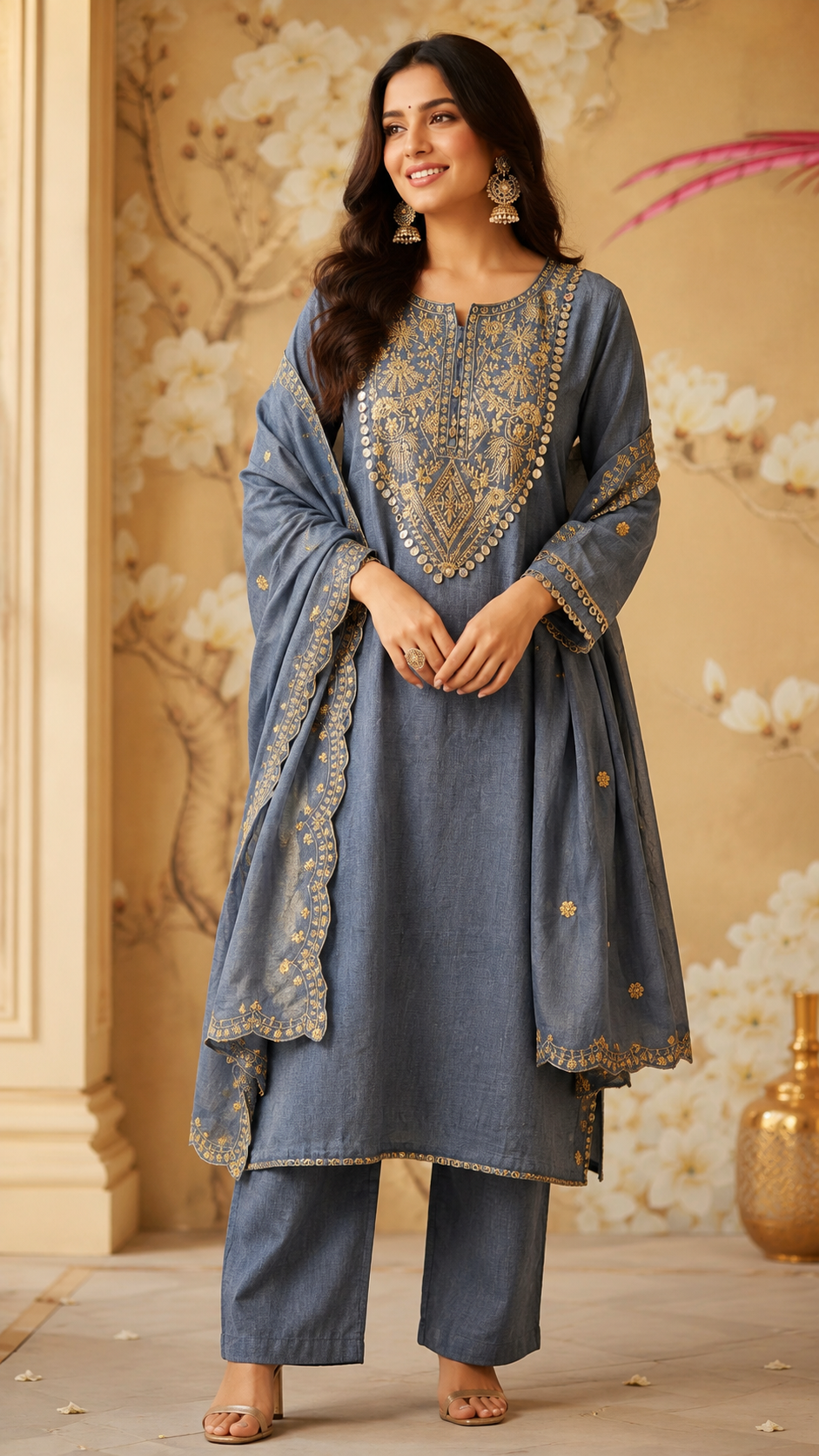 Denim cotton full suit with real Mirror detailing