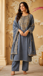 Denim cotton full suit with real Mirror detailing