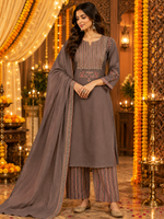 Pretty cotton ajrakh highlighted with katha suit set