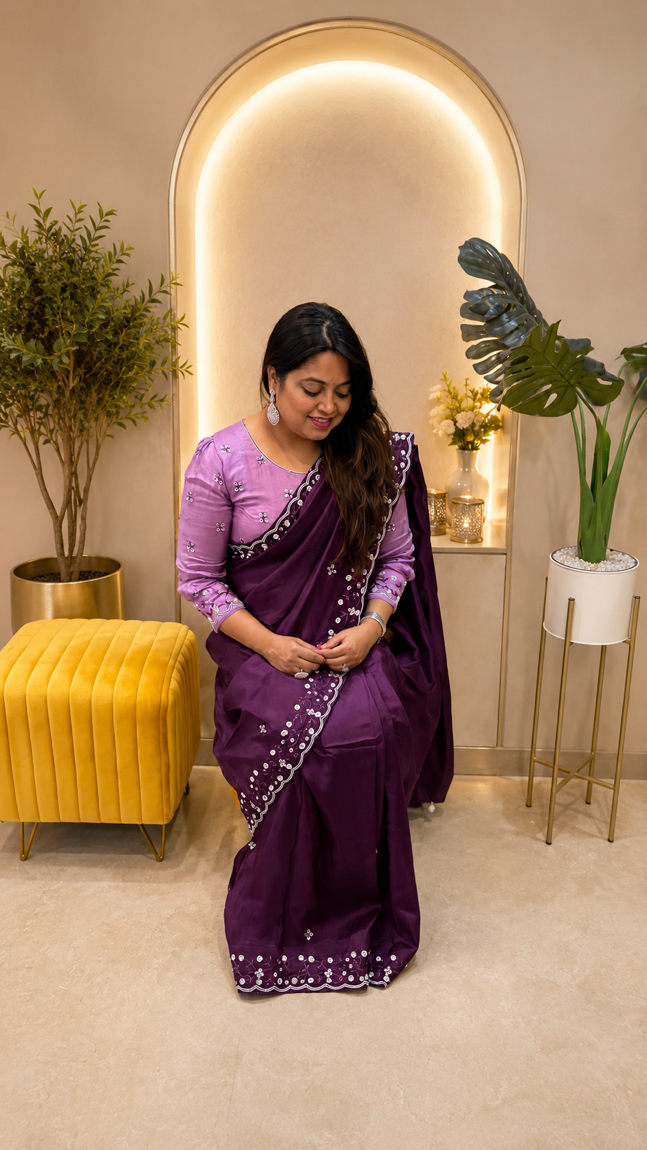 Pretty soft silk saree in wine with handwork comes with stitch blouse