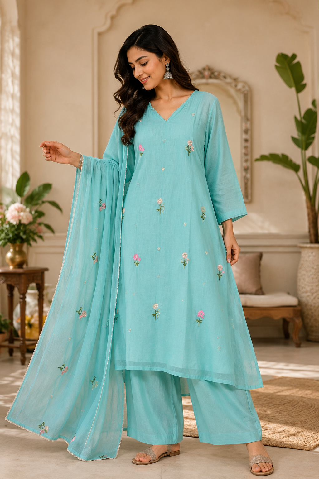 Super pretty Mul cotton embroidered ful suit set