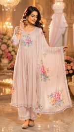Premium mul chanderi digital print with pearl and lace detailing baby pink full suit set.