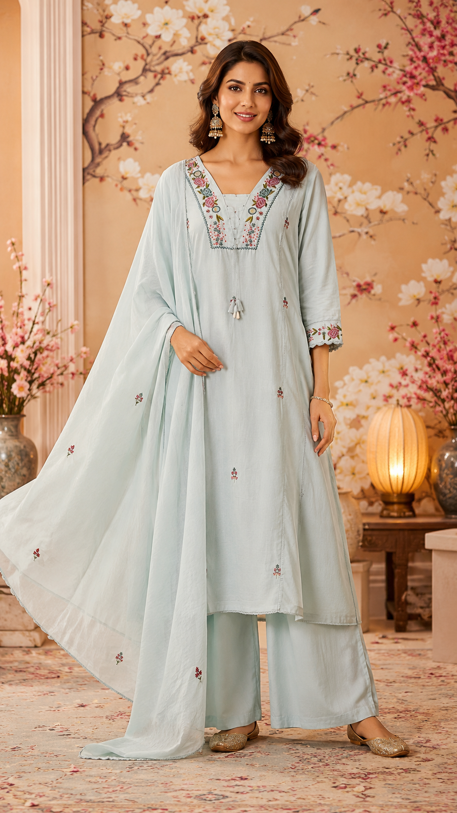 Premium silly cotton with real mirror ice blue suit set