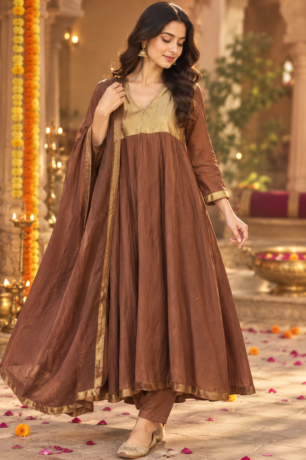 Premium Mul Chanderi suit set in brown
