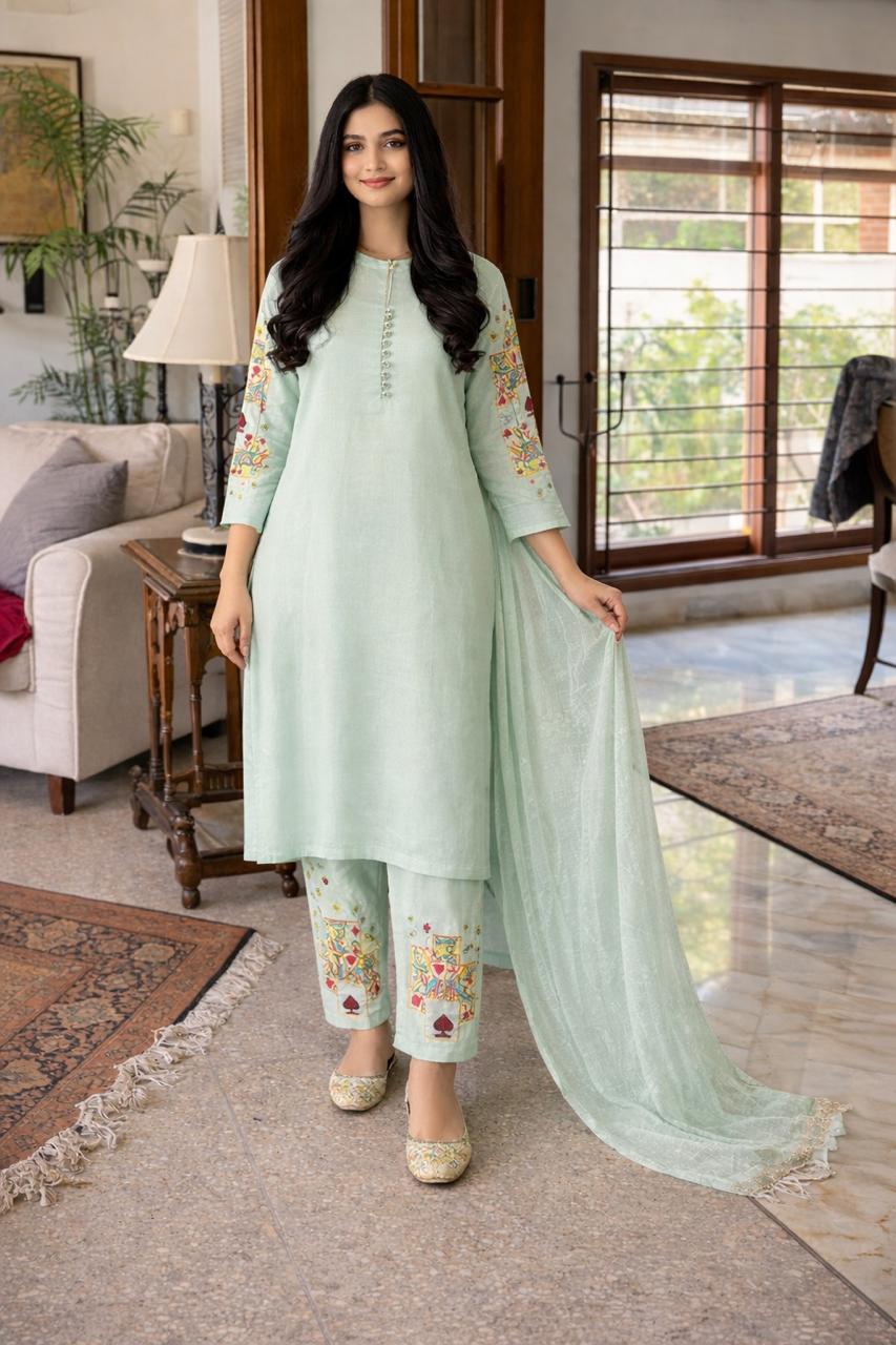 Beautiful cotton front n back embroidered suit set in blue